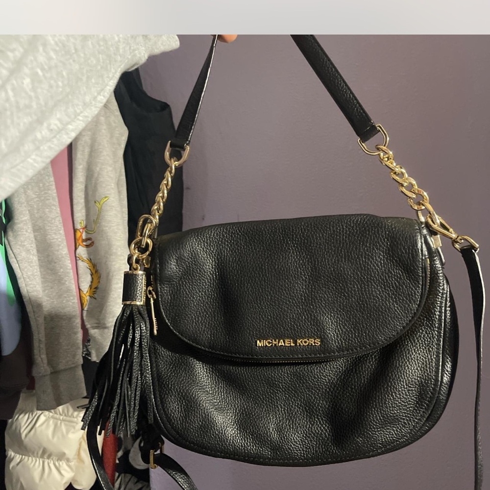 Michael Kors Black Leather Shoulder Bag with Gold Accents
